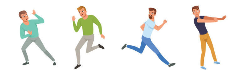 Scared and Frightened Man Character Afraid of Something Vector Set
