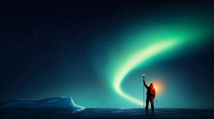 Aurora Australis or Aurora Borealis with a polar explorer