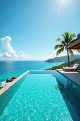 Obraz premium Reflections of turquoise water in infinity pool at luxury resort overlooking a tranquil oceanic vista , luxury, view