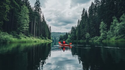 Adventurous Kayaking on Calm Lake Surrounded by Lush Greenery