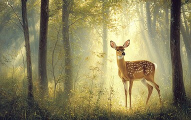 A graceful deer standing in a misty forest clearing with sunlight filtering through the trees