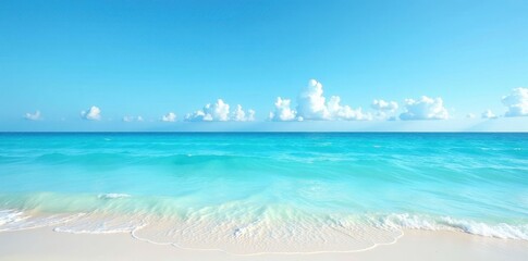 Fototapeta premium Serene ocean landscape with clear blue sky and horizon line, gentle waves in the distance, ocean, waves