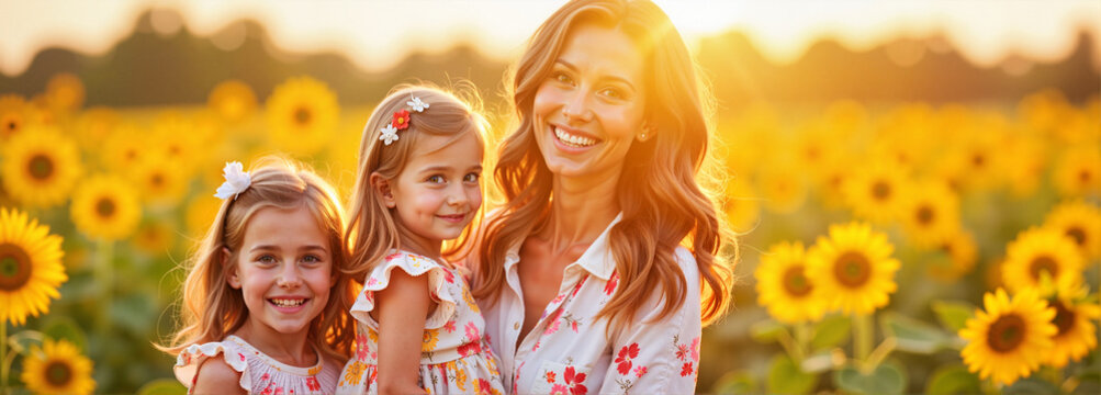 Mother and daughters smiling in sunflower field