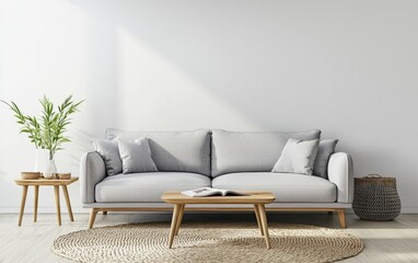A sleek Nordic-inspired living space with a soft gray fabric sofa, woven rugs, and a natural wood coffee table