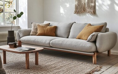 A sleek Nordic-inspired living space with a soft gray fabric sofa, woven rugs, and a natural wood coffee table
