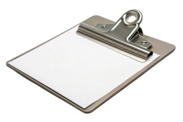 Metal clipboard with blank paper isolated with transparent background