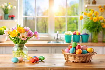 Esther's table with colorful eggs and spring flowers, blurred background of kitchen windows