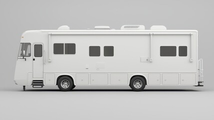 Naklejka premium Modern White RV Vehicle with Smooth Lines and Large Windows for Travel and Adventure Enthusiasts