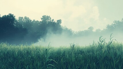 Misty landscape with tall grass and trees in the background, creating a serene atmosphere.