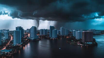 Obraz premium Dark Ominous Clouds Swirl Above Urban Landscape Before Hurricane Approaches