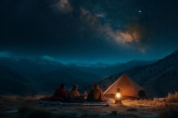 Friends enjoying a magical starry night under a pristine mountain sky with a telescope and lantern nearby