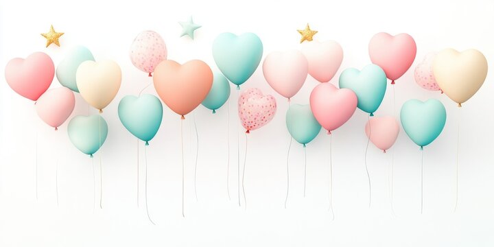 Colorful assortment of happy birthday balloons in heart and star shapes on a soft white background