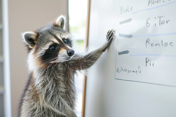 A raccoon stands near a whiteboard with a marker, seeming ready to teach or explain something.