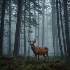 Fototapeta premium A wild horse galloping freely across a windswept plain. A graceful deer standing in a misty forest clearing at dawn.