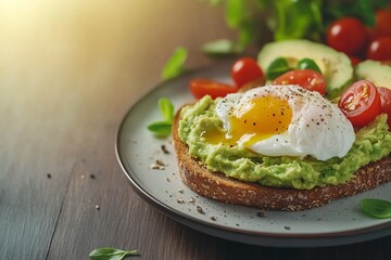 Mashed avocado spread on sourdough toast with poached egg and cherry tomatoes on a rustic table