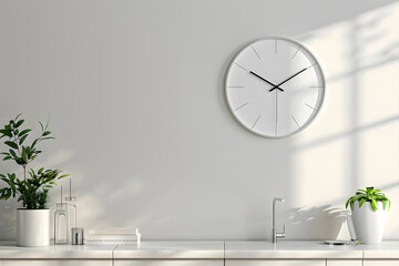 A blank white wall clock showcased in a clean minimalist kitchen setting, sleek design, soft natural light, subtle shadows, high detail, modern aesthetic. Generative Ai.