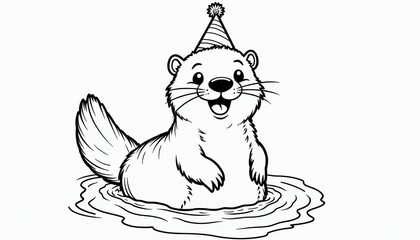 Black & White Otter in Party Hat Floating Against White Water Background