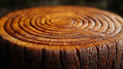 Naklejka premium Polished wood stump, outdoors, close-up, nature background, product display
