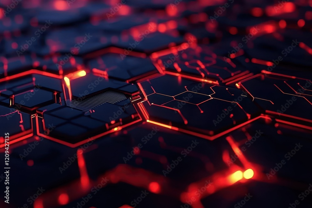 Poster a close-up view of a dark, hexagonal surface illuminated with glowing red lines, creating a futurist