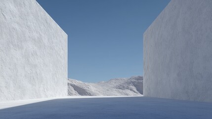 Minimalist white architecture, desert mountain view, bright sunlight, background