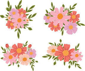 Obraz premium Vector floral arrangement set with bright pink, purple and red flowers and juicy green leaves. Perfect for invitations, greeting cards, or spring-themed decorations.