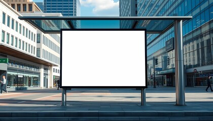 Fototapeta premium bus stop, urban advertisement mockup, blank billboard, city street, glass shelter, skyscrapers, modern architecture