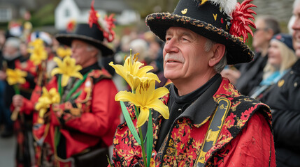 Saint David's Day celebration in Wales, people wearing traditional costumes with red and black colors, carrying yellow lilies and red dragon flags, Ai generated images