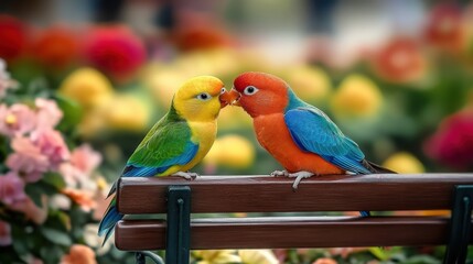 Two colorful parrots on a park bench