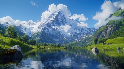 Fototapeta premium Majestic snow-capped mountain reflected in serene alpine lake
