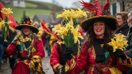 Saint David's Day celebration in Wales, people wearing traditional costumes with red and black colors, carrying yellow lilies and red dragon flags, Ai generated images