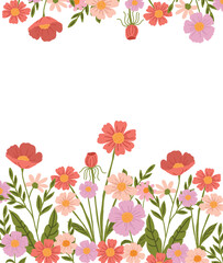Vector flower frame with bright pink, purple and red flowers and juicy green leaves. Perfect for invitations, greeting cards, or spring-themed decorations.
