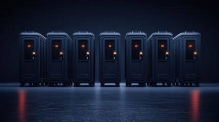 Fototapeta premium Sleek Black Portable Storage Units in a Dark Industrial Background with Soft Lighting Effects