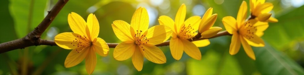 Yellow banana flowers in full bloom on a tree branch, background, yellow, nature