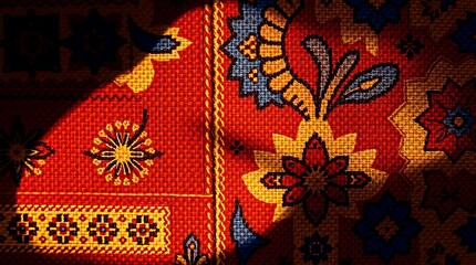 closeup colorful fabric with traditional patterns, textiles, fashion, culture, woven fabric