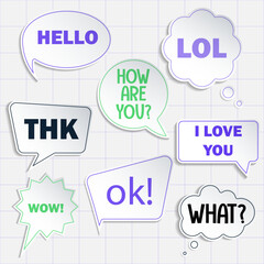 Set of paper speech bubbles with captions like, Hi, what, thanks, lol, How are you and the like