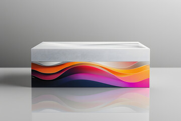 A sleek and modern box packaging die cut design, showcasing elegant curves and sharp edges, hyper-realistic mock-up, vibrant colors, high detail, soft shadows, reflective surfaces. Generative Ai.