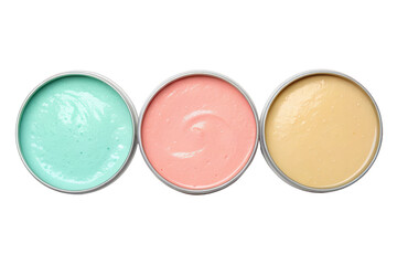 Three containers of pastel-colored paint isolated with transparent background