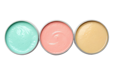 Three containers of pastel-colored paint isolated with transparent background