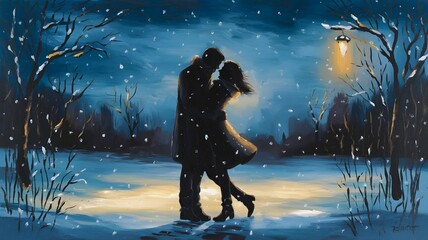Obraz premium Love in Winter A Painting of a Couple Embracing