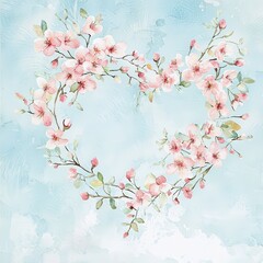 Fototapeta premium Blooming Love: Delicate blossoms in shades of pink and white artfully arranged in a heart shape against a soft, ethereal backdrop, expressing a message of love and affection.