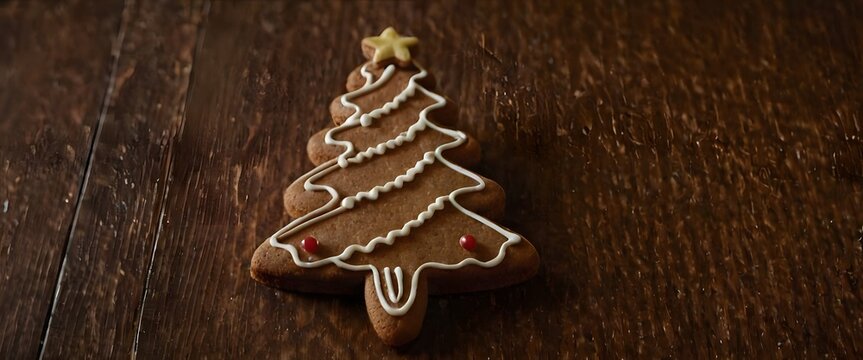 Christmas cookie, tree-shaped, chocolate, white icing, sprinkles, rustic wooden background, festive, homemade, holiday baking, warm tones, close-up, detailed decorations, seasonal treat