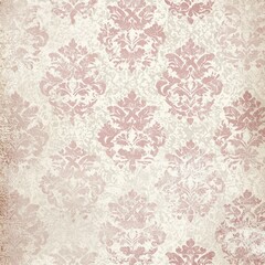 Fototapeta premium Vintage Damask Wallpaper: A detailed view of a vintage damask wallpaper pattern in shades of pink and cream, showing texture and design.