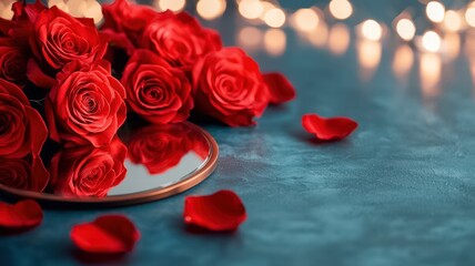 A bouquet of vibrant red roses with scattered petals, reflecting on a circular mirror, set against a softly lit background.