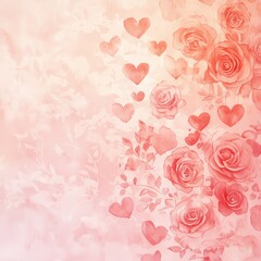 Romantic Floral Harmony: Soft focus pink roses and floating hearts create a dreamy, vintage-inspired design perfect for expressing love and affection. 