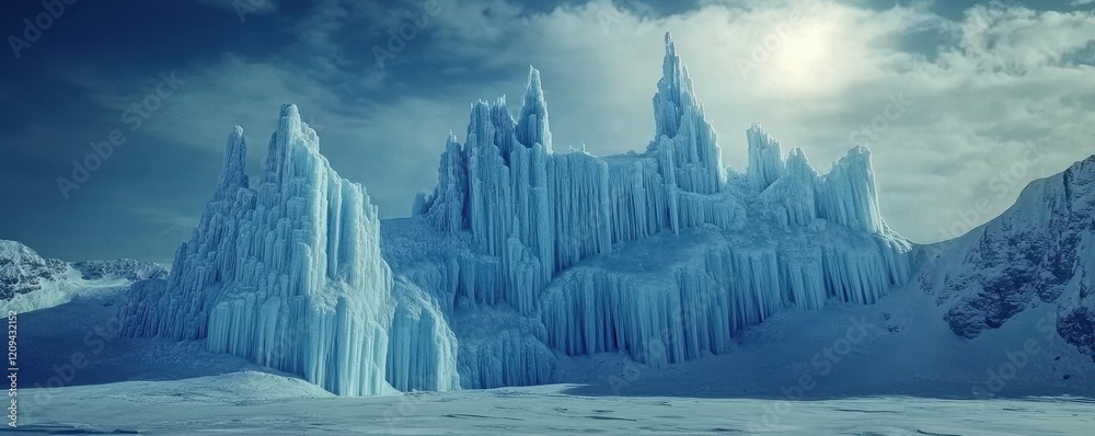 Wall mural A majestic ice palace carved from glistening glaciers, its spires reaching towards the frozen sky.