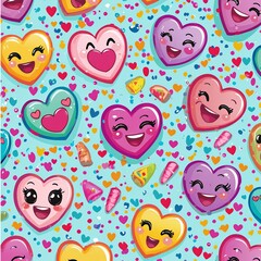 Happy Heart Pattern: A vibrant and playful pattern featuring cheerful cartoon hearts with smiling faces against a bright blue background sprinkled with confetti.