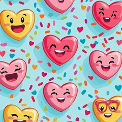 Smiling Hearts Pattern: A vibrant, playful pattern featuring cheerful hearts in various colors and sizes. The hearts are smiling with happy faces and wearing glasses.
