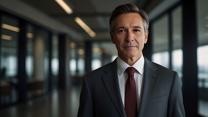 Fototapeta premium Insightful marketing manager navigating changing market trends, strategies with confidence, confident businessman in modern office and portrait of a young, successful businessman in a sharp suit.