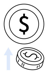Large dollar coin above smaller coin and upward arrow. Ideal for finance, investment, economic trends, growth, business success, startup funding, wealth. Line metaphor