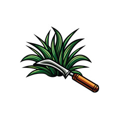 Colorful vector illustration of a lawnmower cutting grass, surrounded by blooming flowers and lush green bushes.